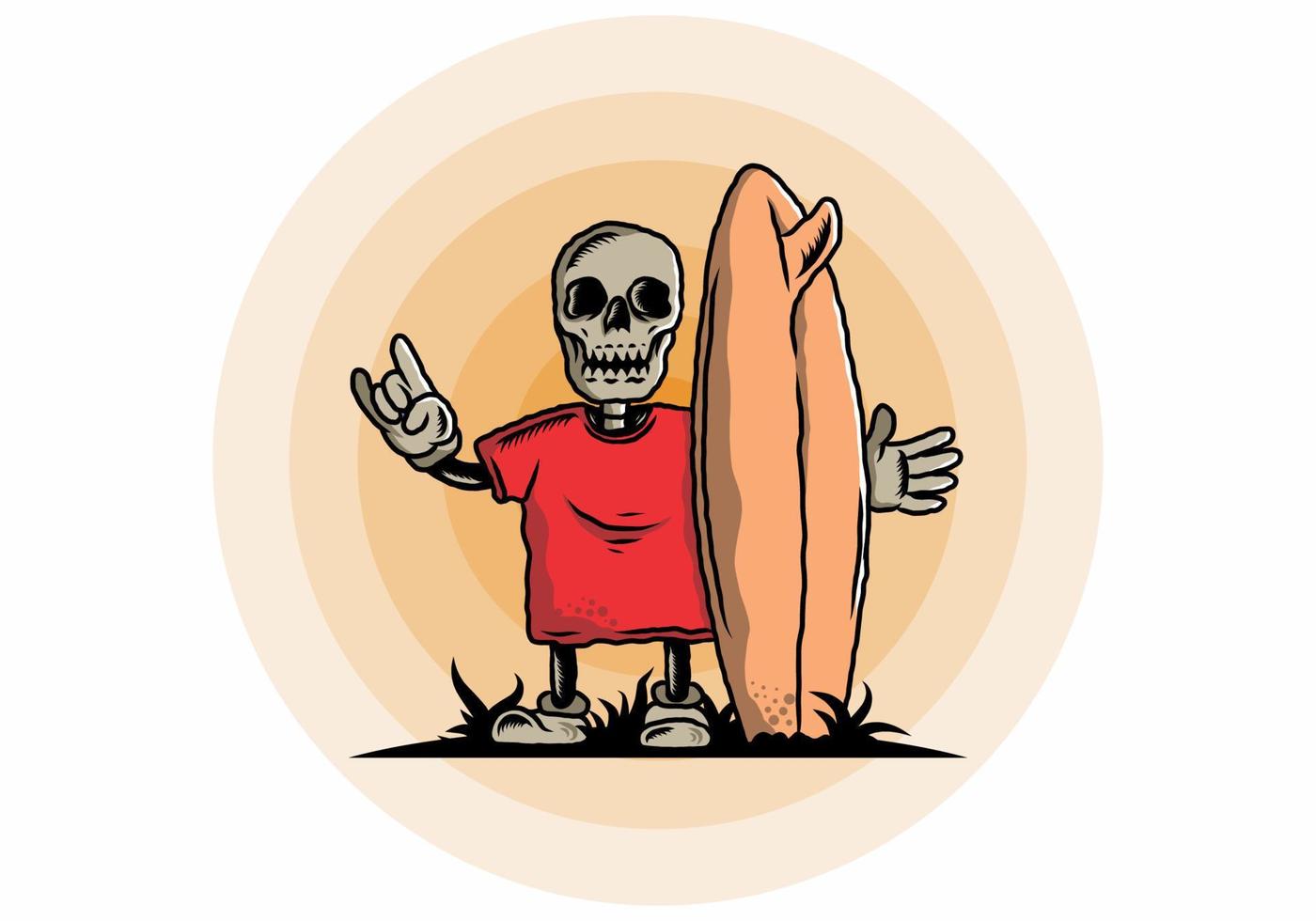 Little skull holding a surfing board illustration design vector