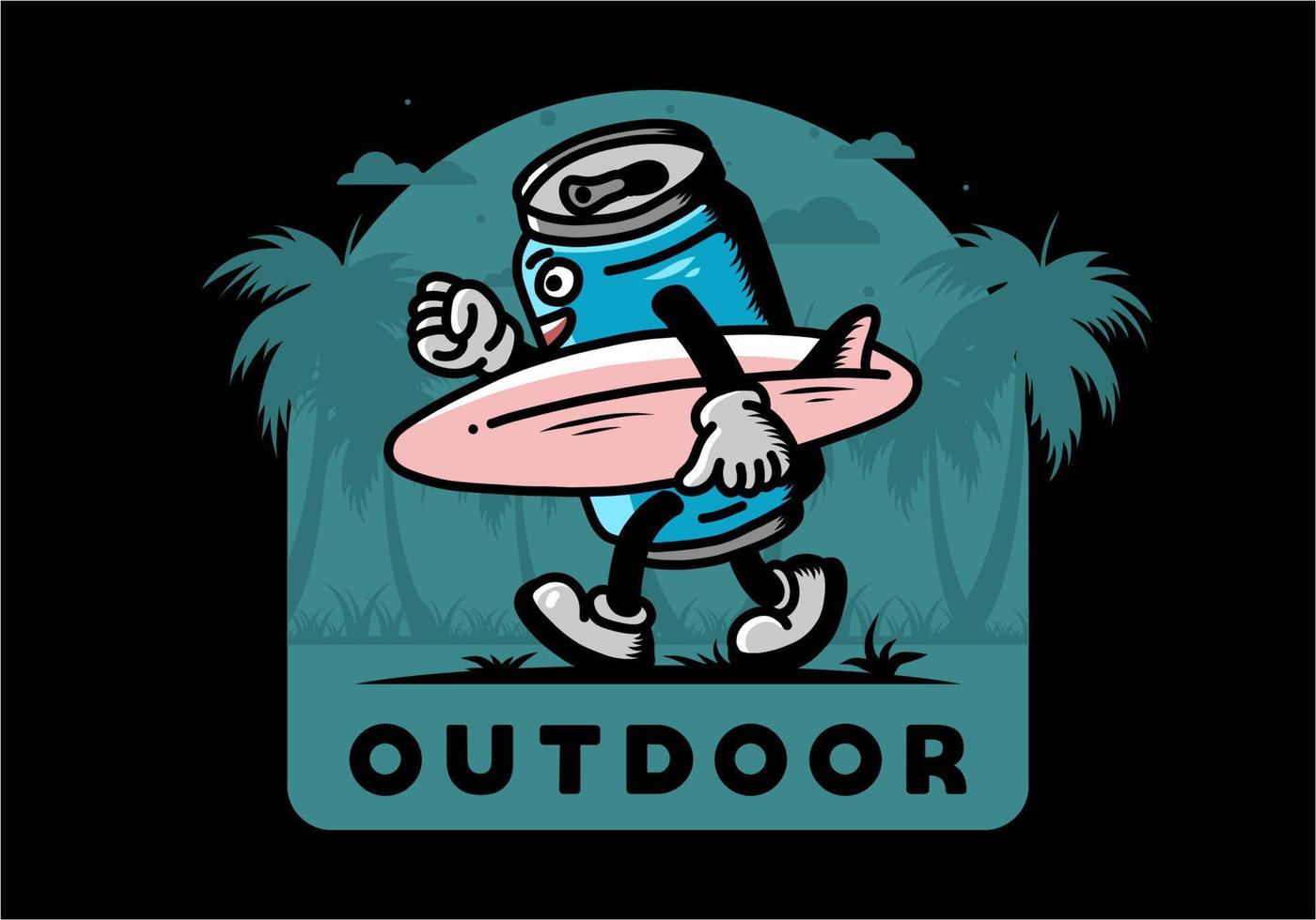 illustration of a drink can holding a surfboard vector