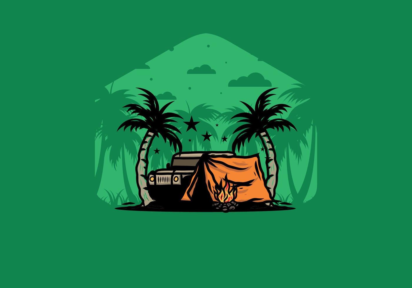 Camping tent in front of car between coconut tree illustration vector