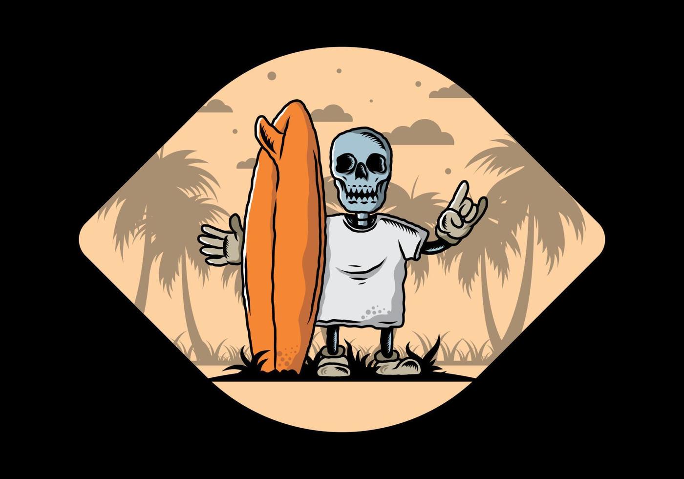 pequeña calavera sosteniendo un diseño de ilustración de tabla de surf vector