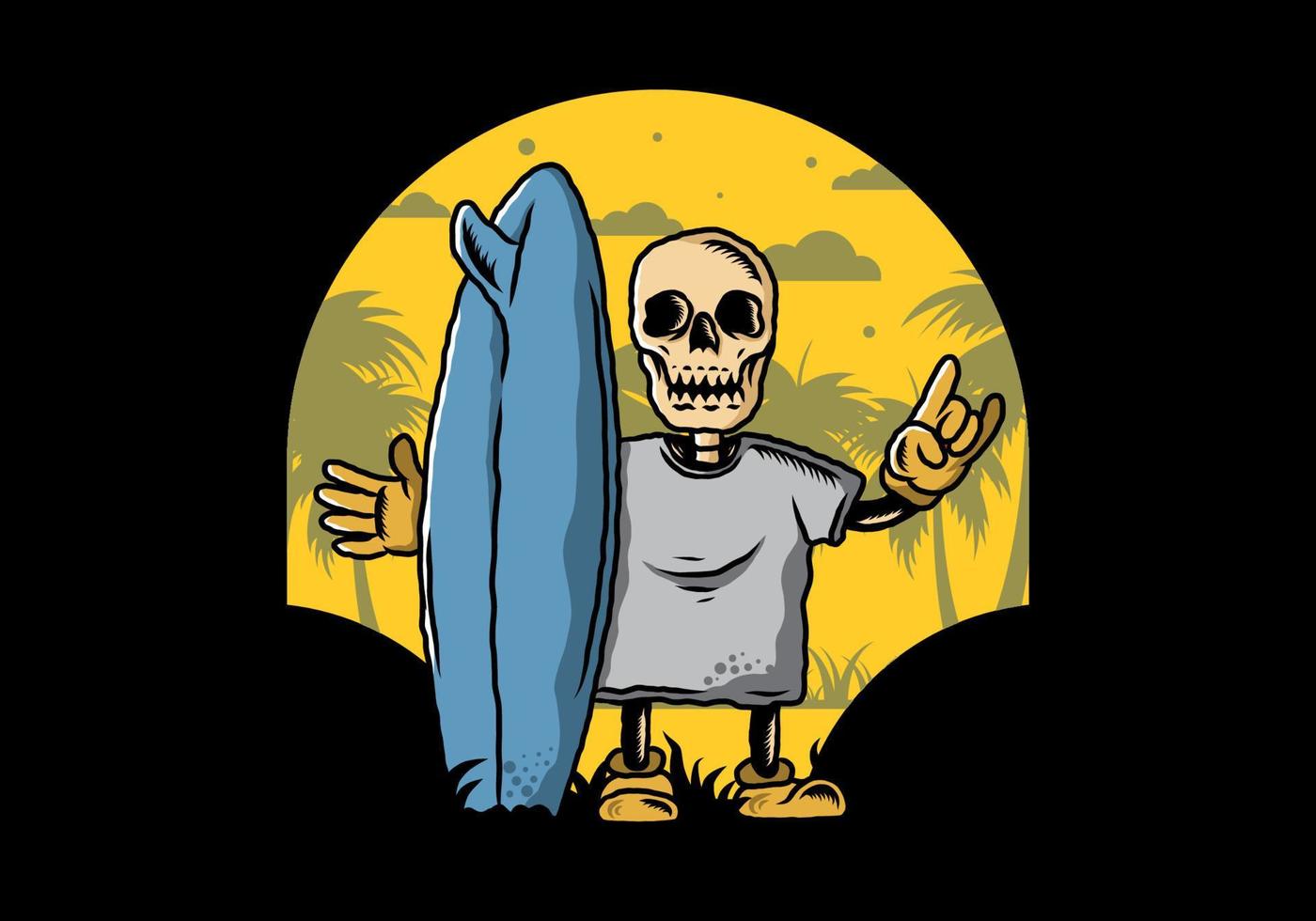 Little skull holding a surfing board illustration design vector