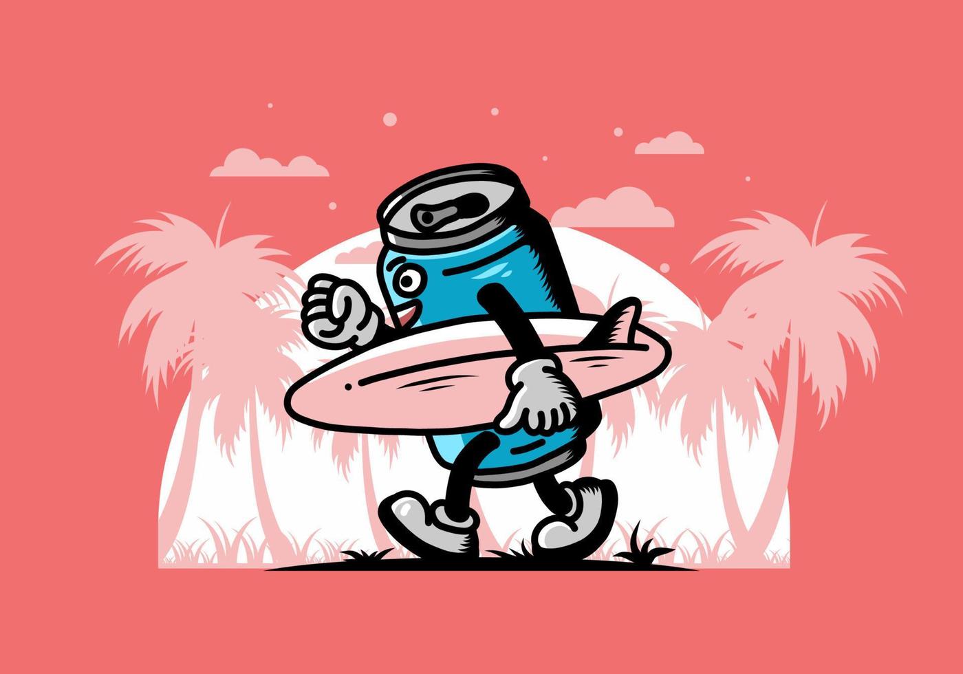 illustration of a drink can holding a surfboard vector