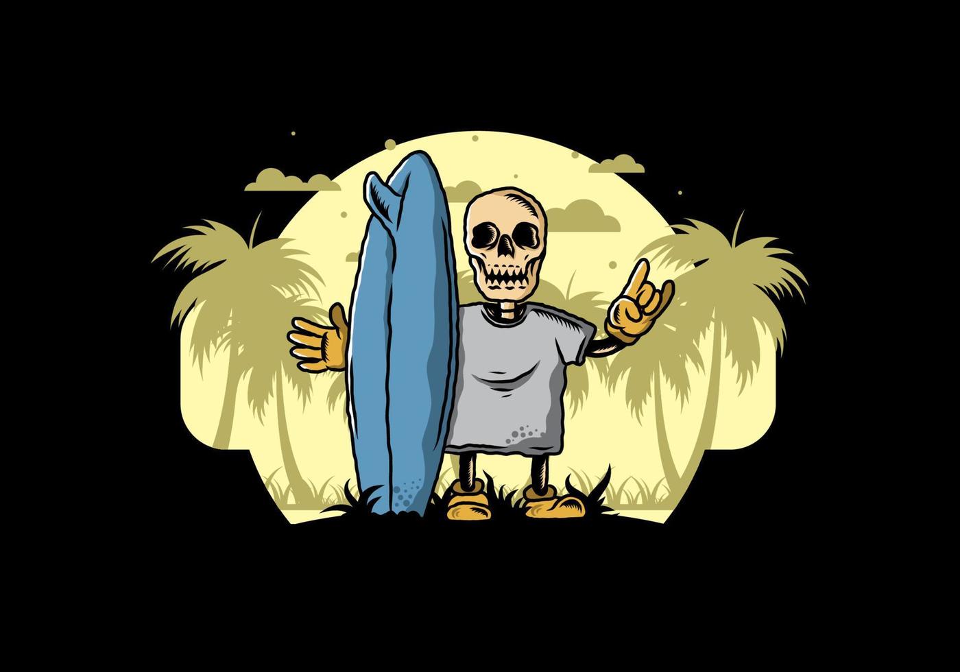 pequeña calavera sosteniendo un diseño de ilustración de tabla de surf vector