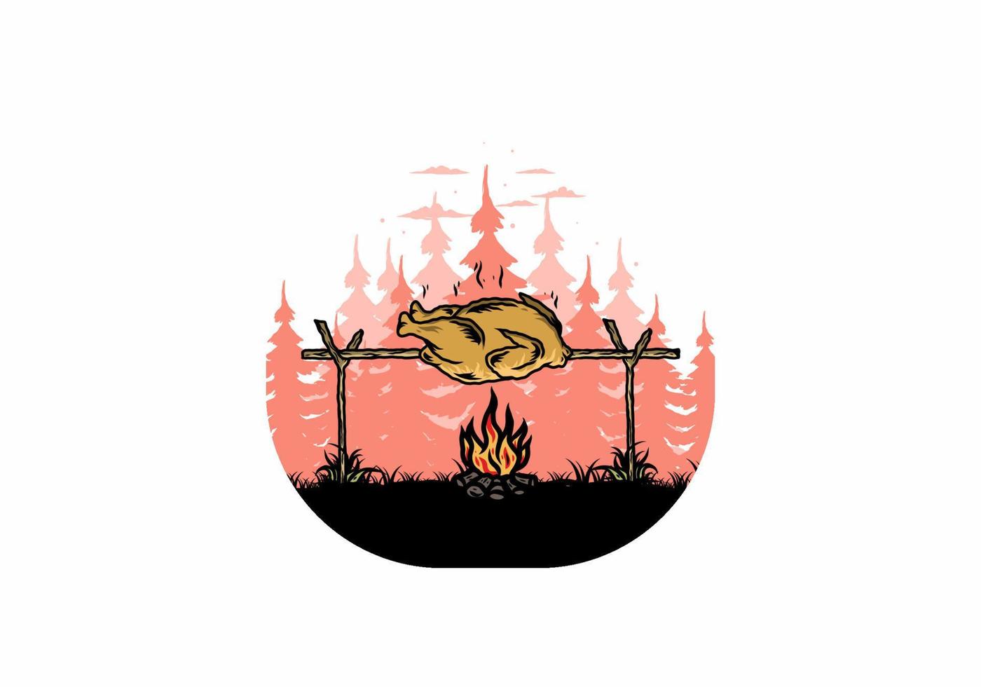 Grilling chicken over bonfire illustration design vector