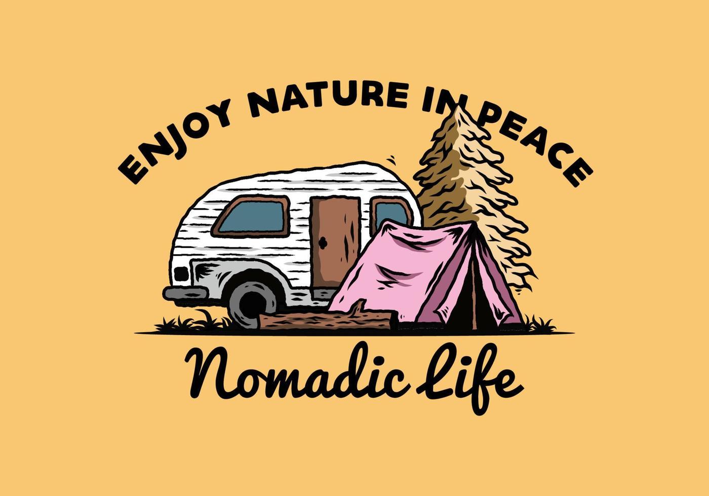 Teardrop camper and tent in front of pine tree illustration vector