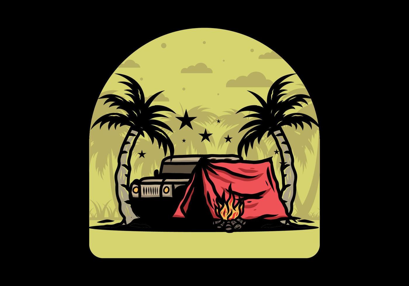 Camping tent in front of car between coconut tree illustration vector