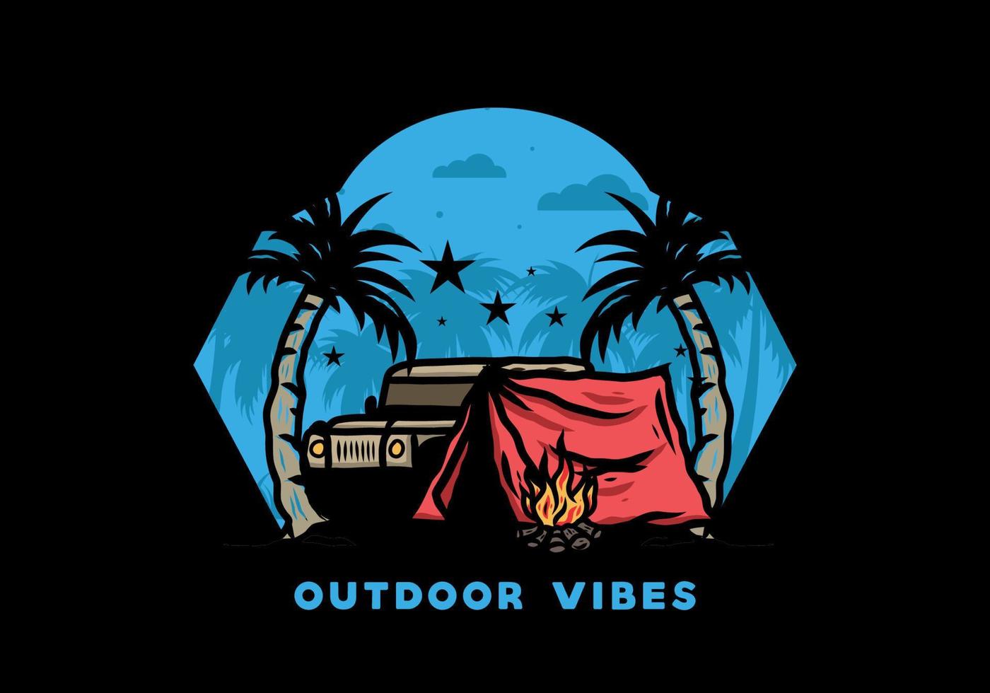 Camping tent in front of car between coconut tree illustration vector