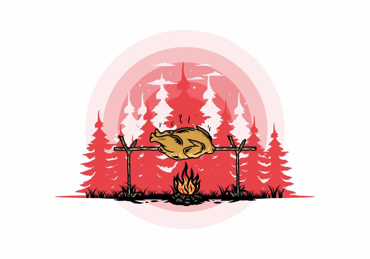 Grilling chicken over bonfire illustration design vector