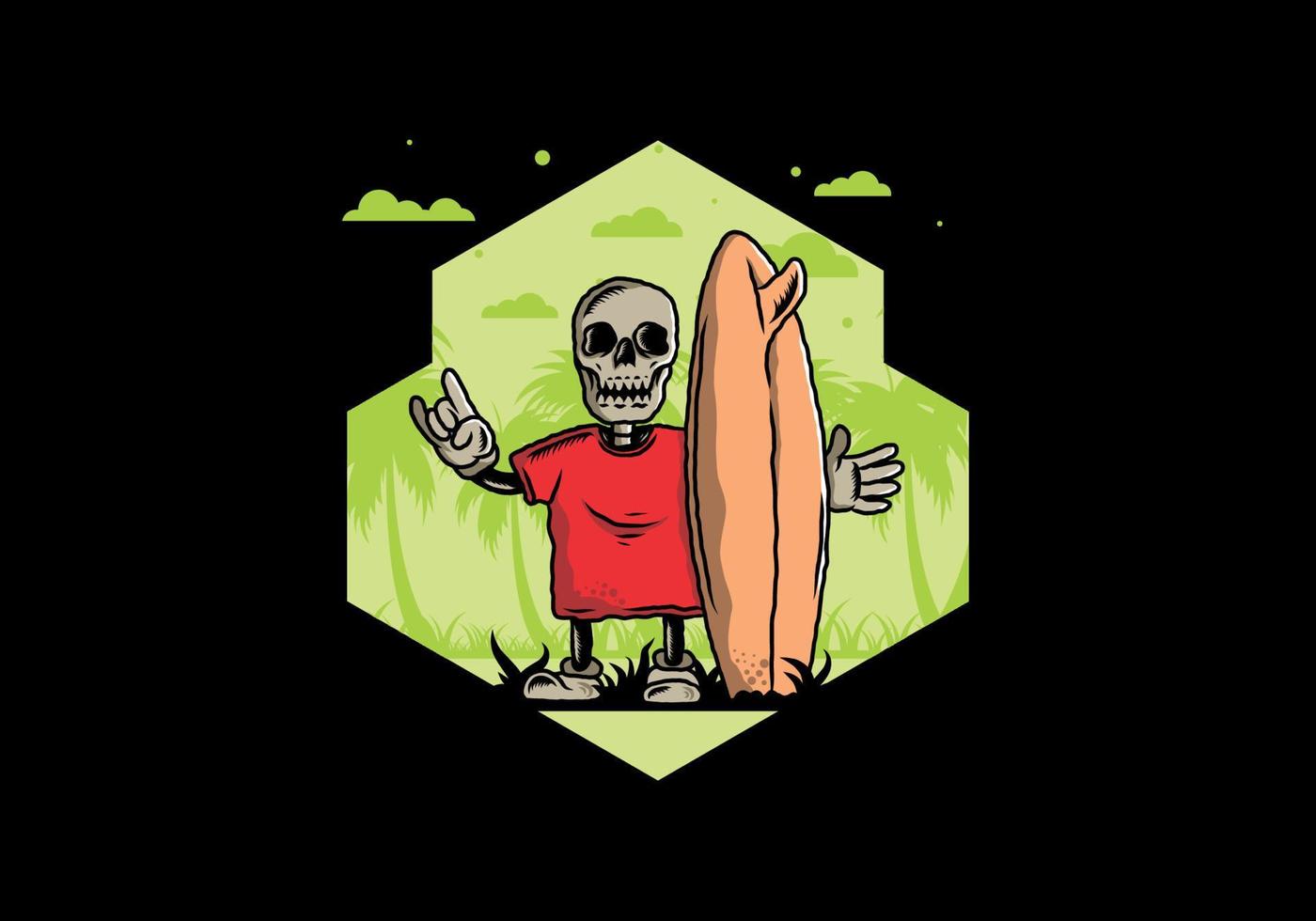 Little skull holding a surfing board illustration design vector