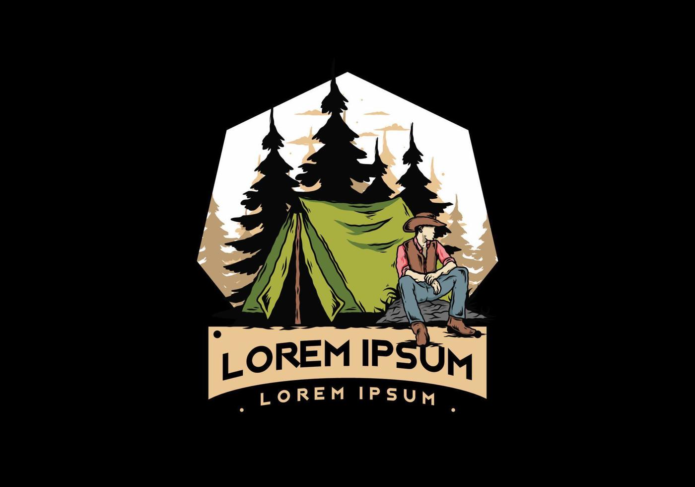 Man wearing a cowboy hat sitting in front of the tent illustration vector