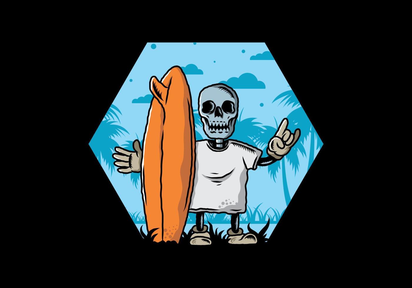 Little skull holding a surfing board illustration design vector