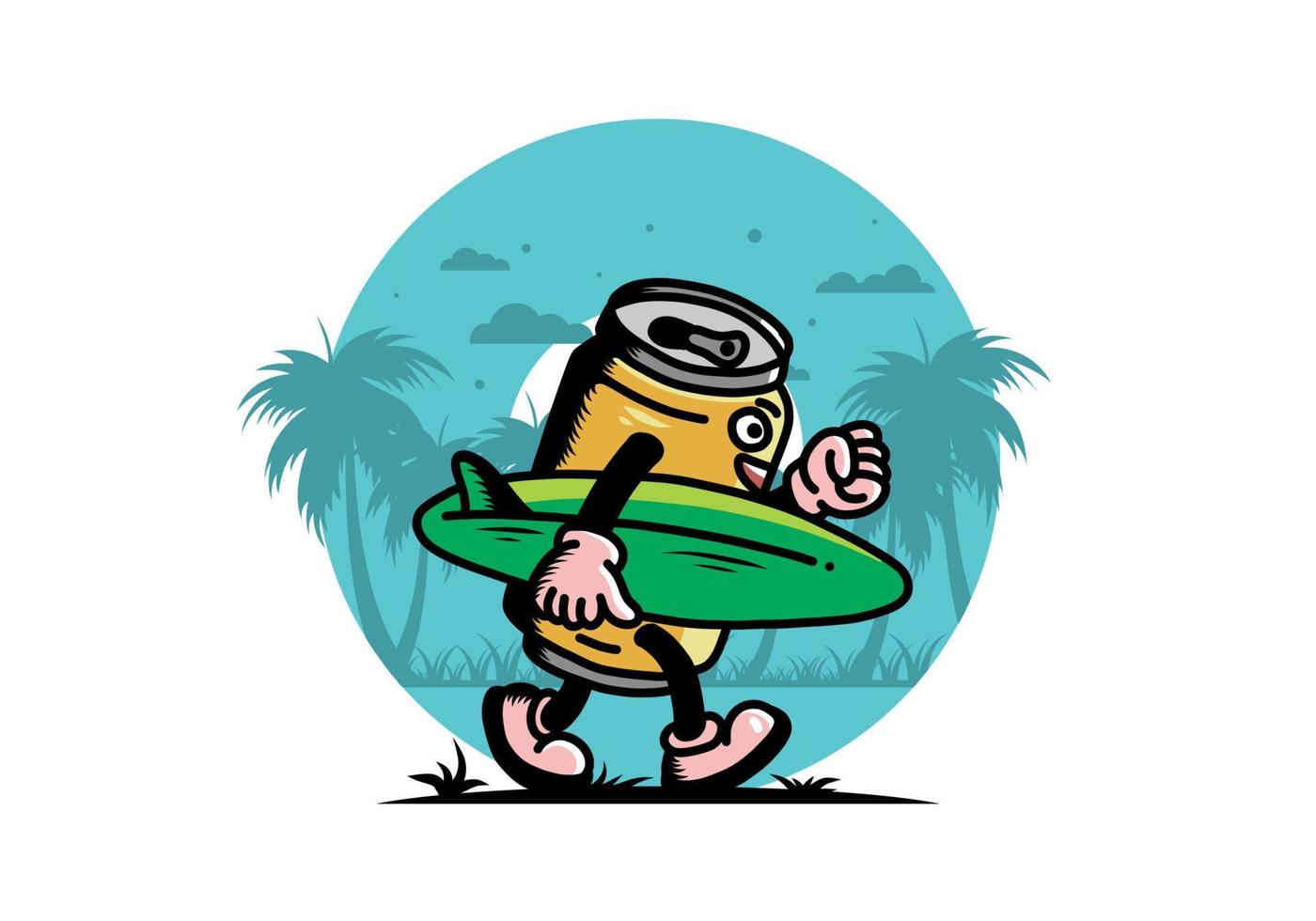 ilustración de una lata de bebida sosteniendo una tabla de surf vector