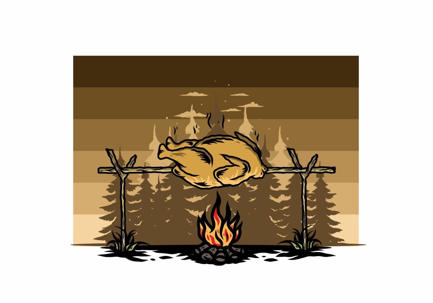 Grilling chicken over bonfire illustration design vector