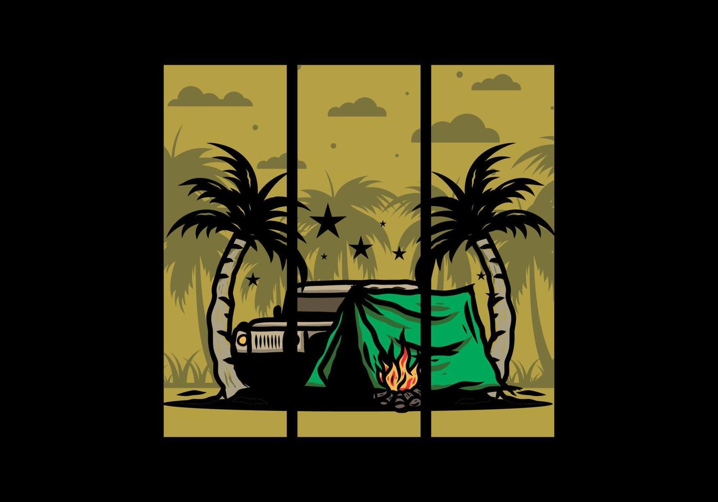 Camping tent in front of car between coconut tree illustration vector