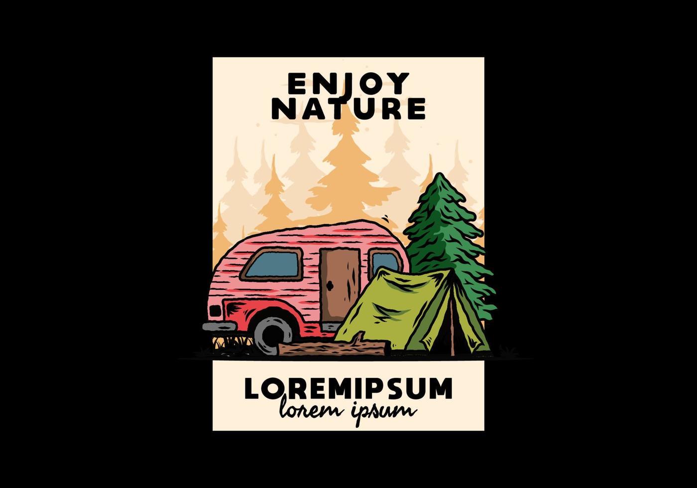 Teardrop camper and tent in front of pine tree illustration vector