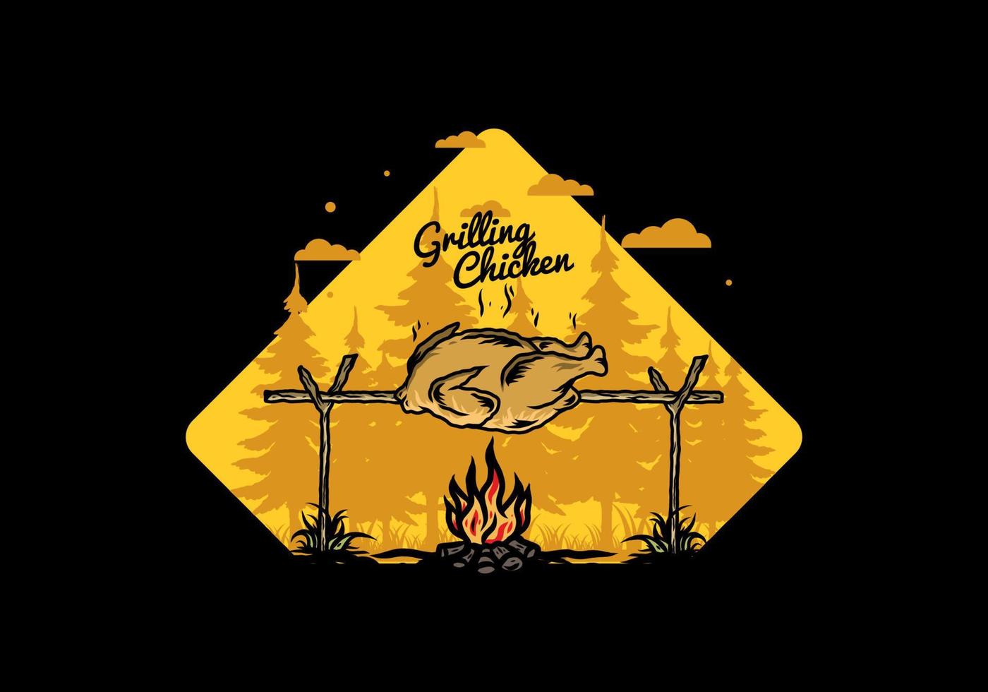 Grilling chicken over bonfire illustration design vector