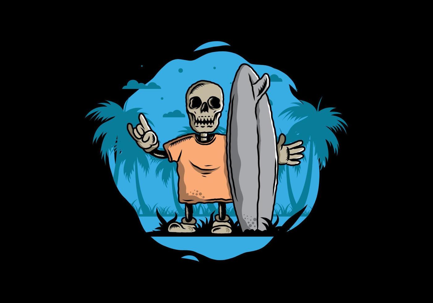 Little skull holding a surfing board illustration design vector