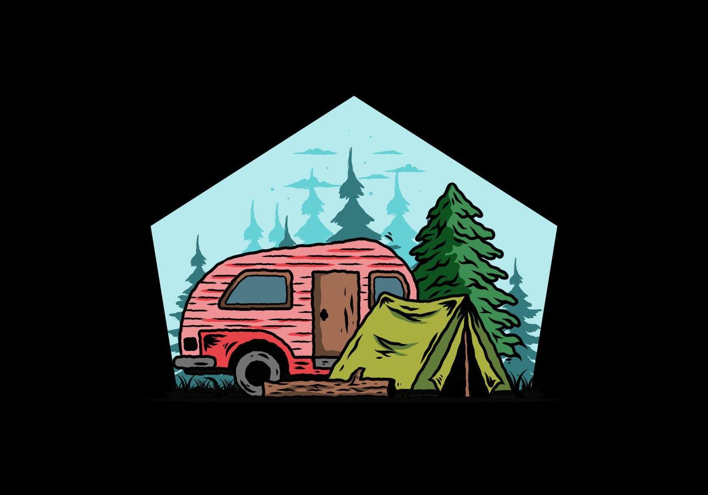 Teardrop camper and tent in front of pine tree illustration vector