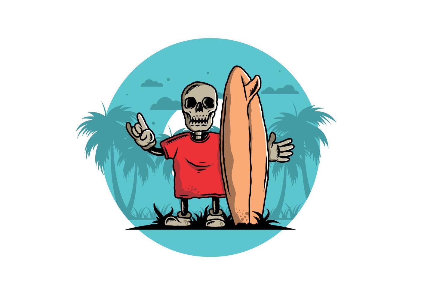 pequeña calavera sosteniendo un diseño de ilustración de tabla de surf vector