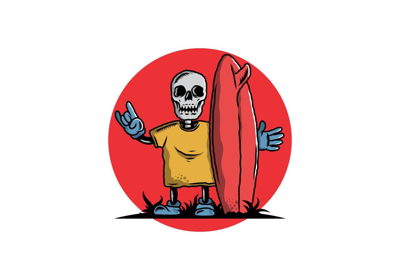 pequeña calavera sosteniendo un diseño de ilustración de tabla de surf vector