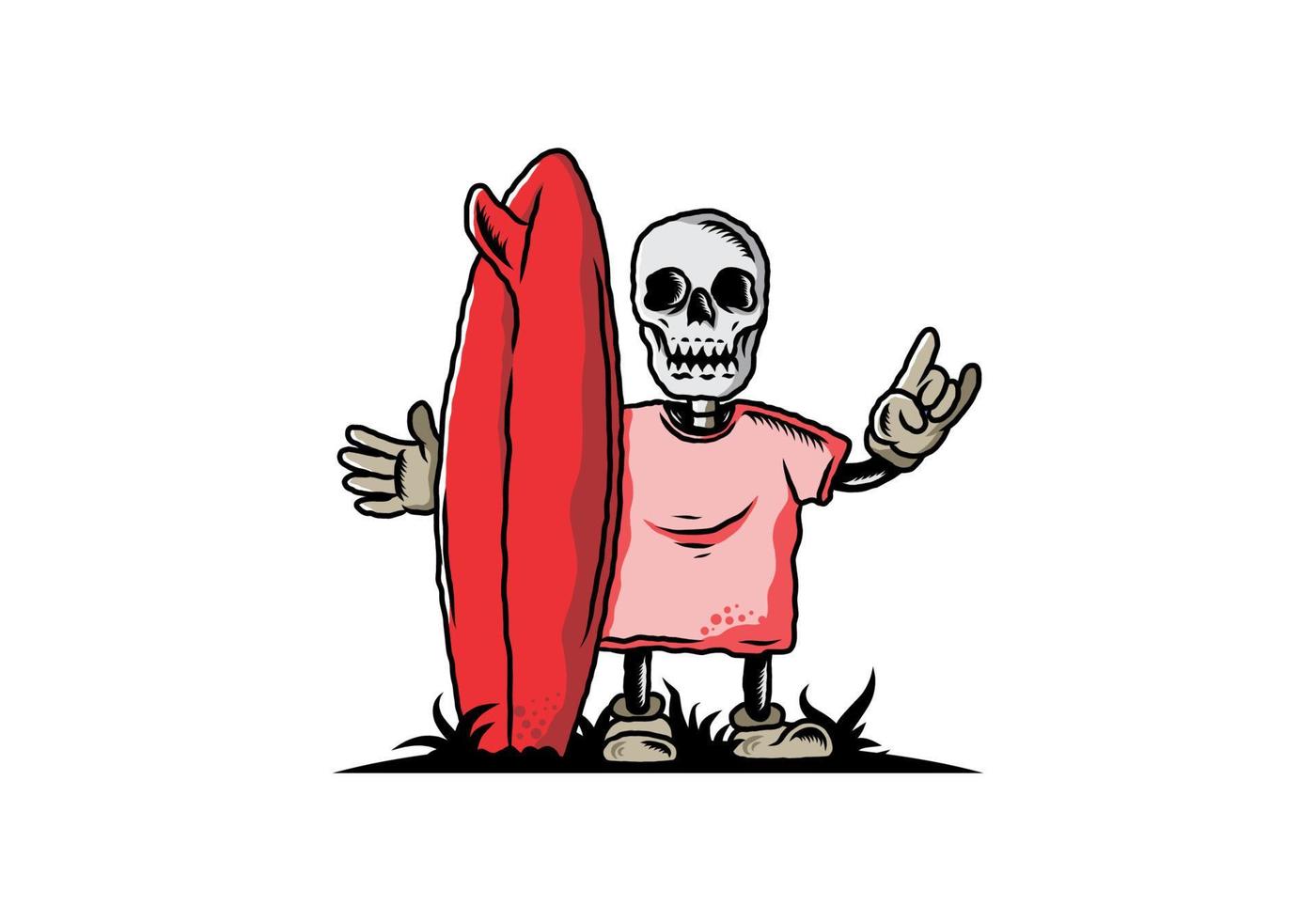 pequeña calavera sosteniendo un diseño de ilustración de tabla de surf vector