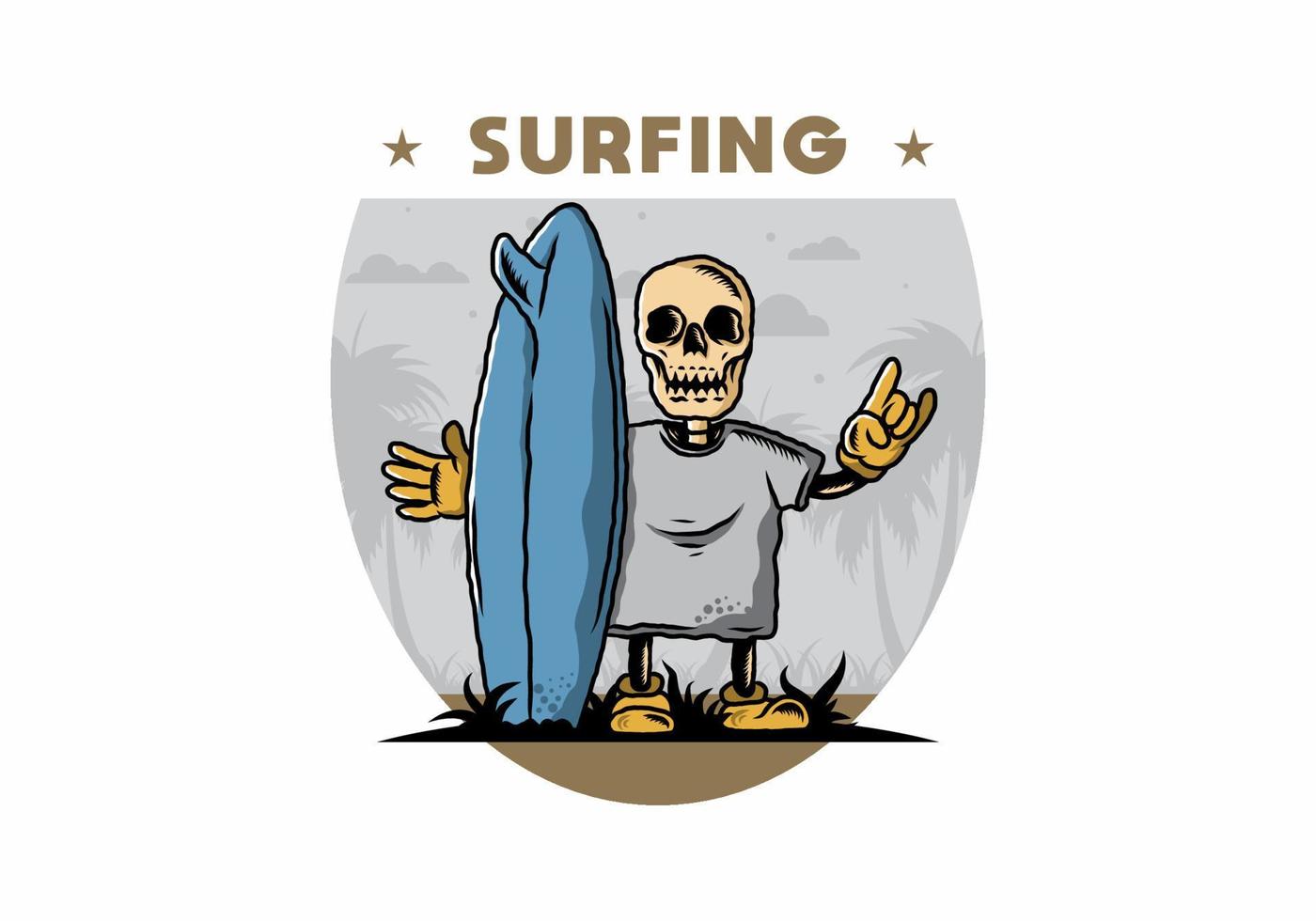 Little skull holding a surfing board illustration design vector