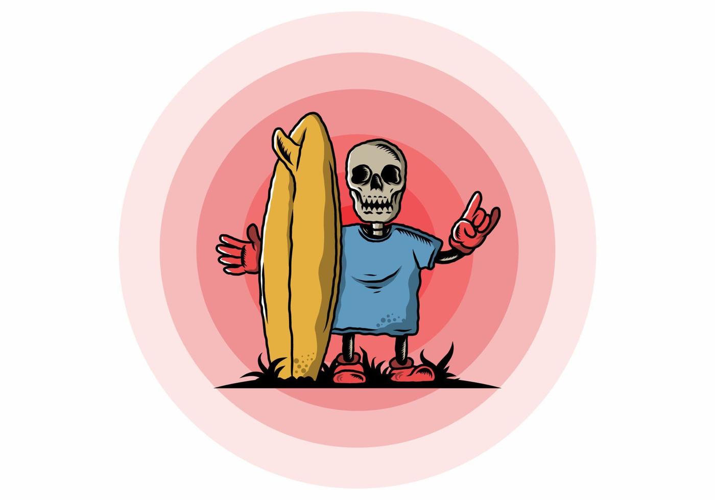 Little skull holding a surfing board illustration design vector