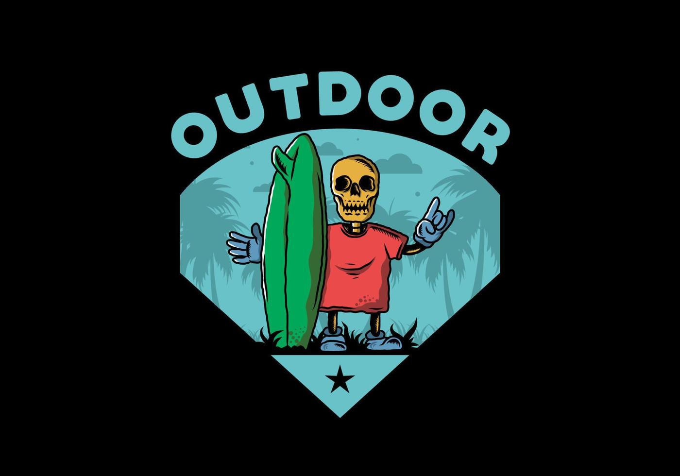 Little skull holding a surfing board illustration design vector