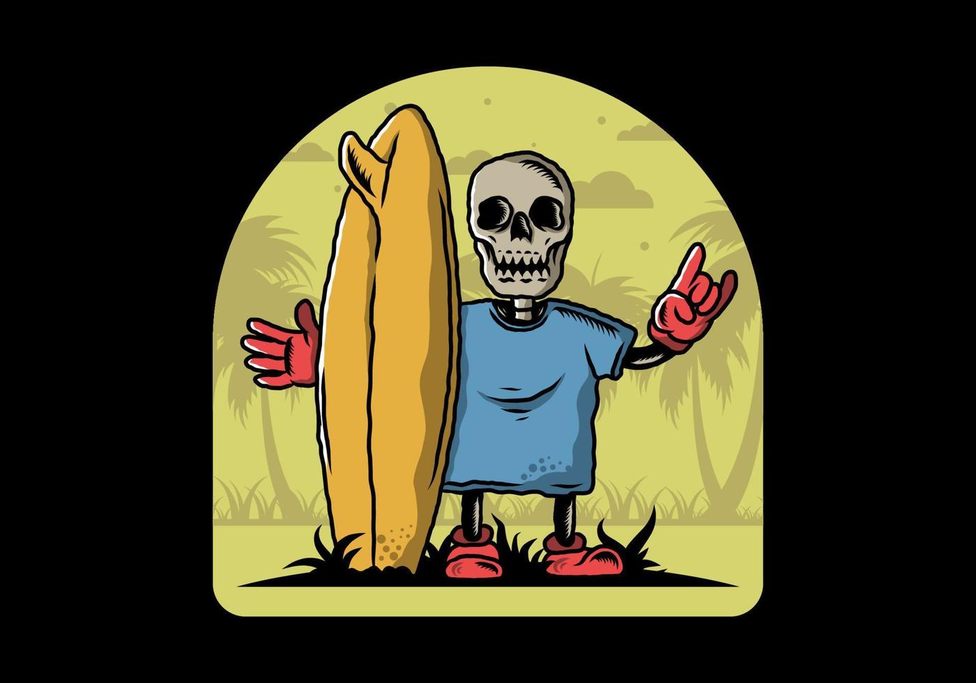 Little skull holding a surfing board illustration design vector