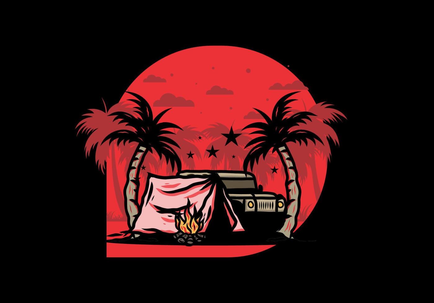 Camping tent in front of car between coconut tree illustration vector
