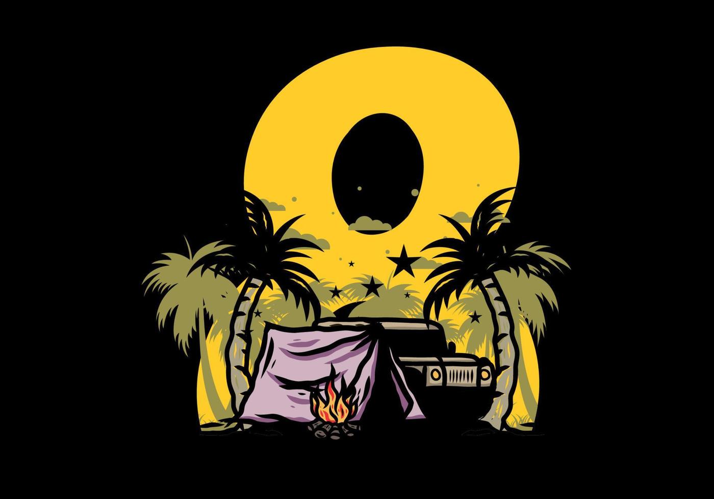Camping tent in front of car between coconut tree illustration vector