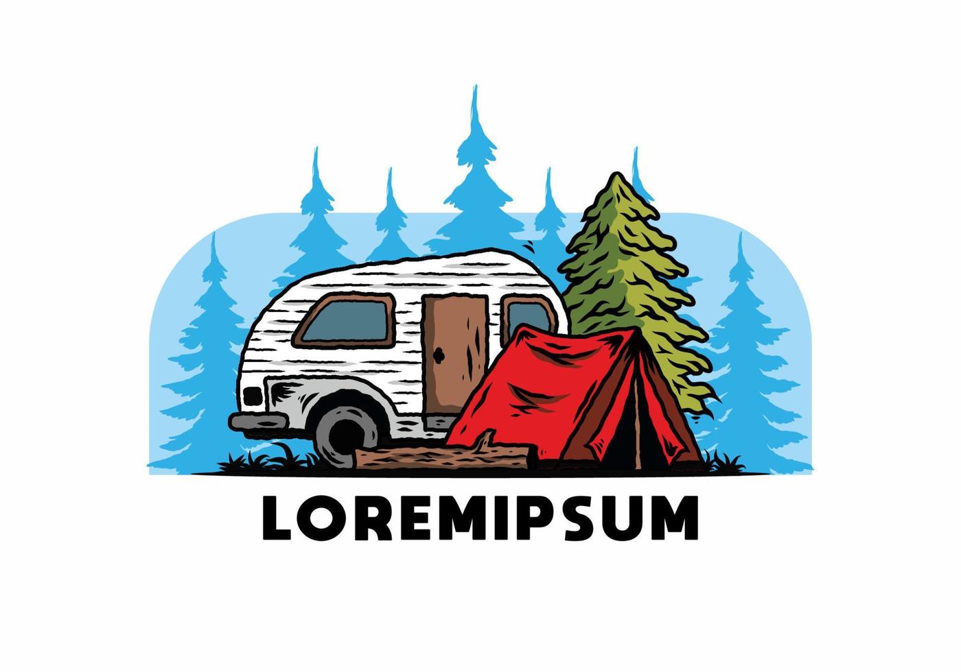 Teardrop camper and tent in front of pine tree illustration vector