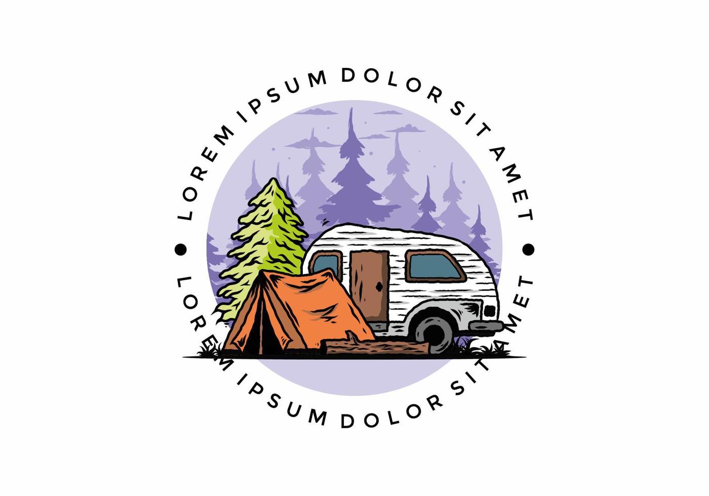 Teardrop camper and tent in front of pine tree illustration vector