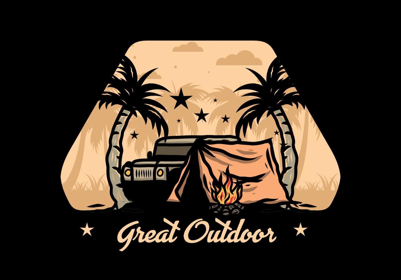 Camping tent in front of car between coconut tree illustration vector