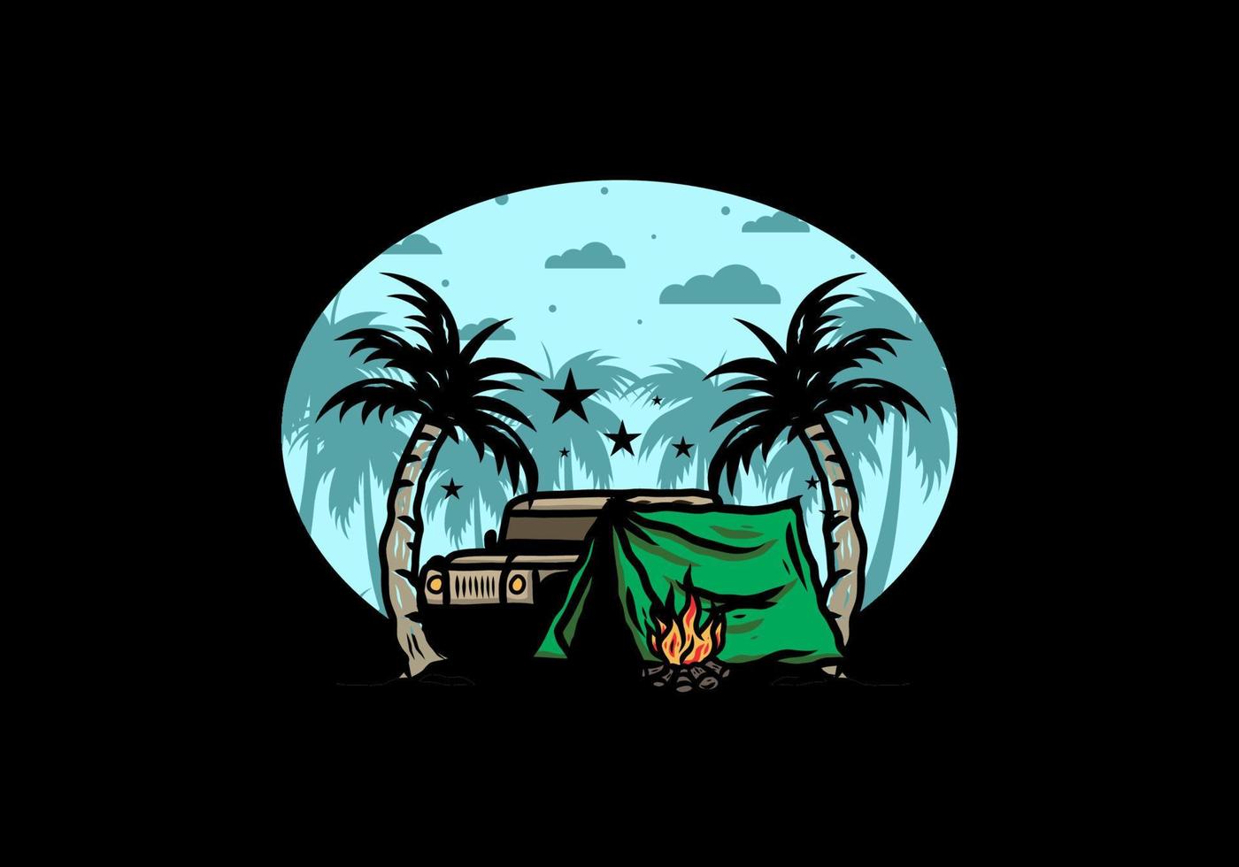 Camping tent in front of car between coconut tree illustration vector