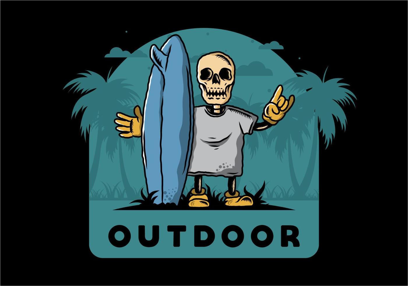 Little skull holding a surfing board illustration design vector