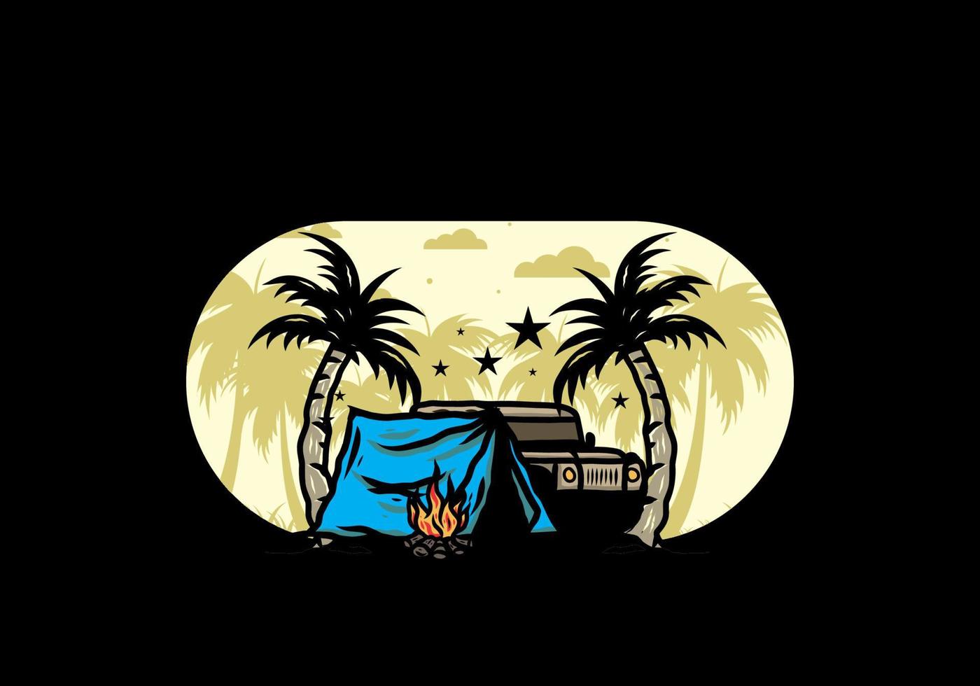 Camping tent in front of car between coconut tree illustration vector