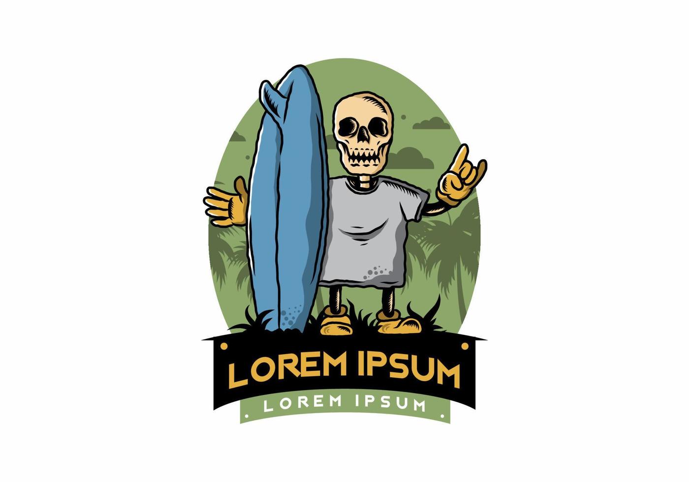 Little skull holding a surfing board illustration design vector
