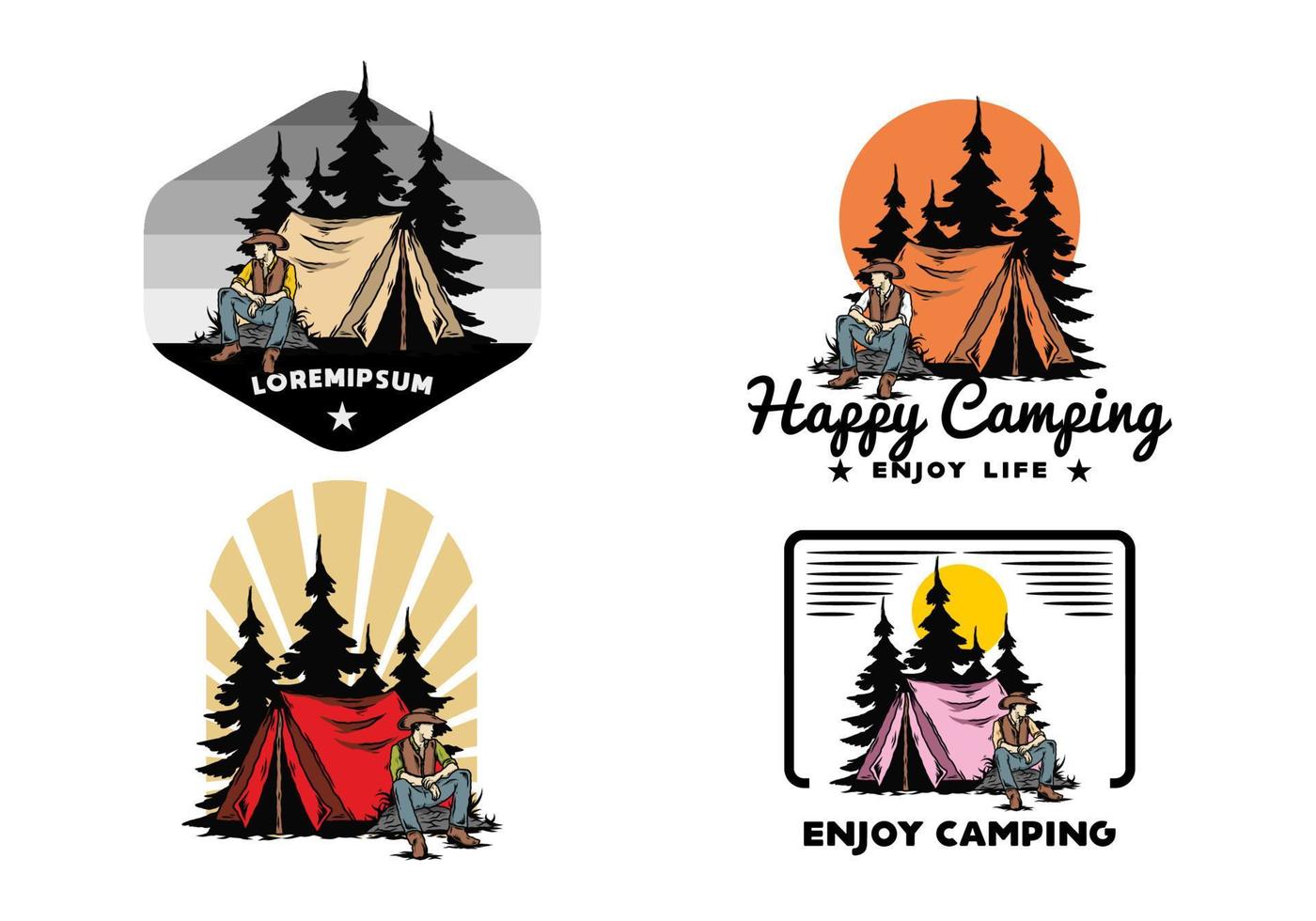 Man wearing a cowboy hat sitting in front of the tent illustration vector