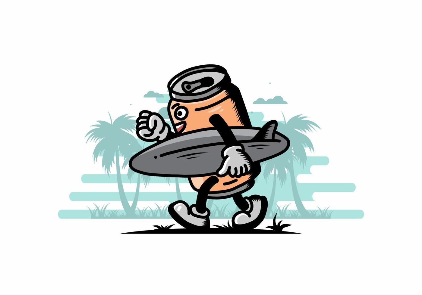 illustration of a drink can holding a surfboard vector