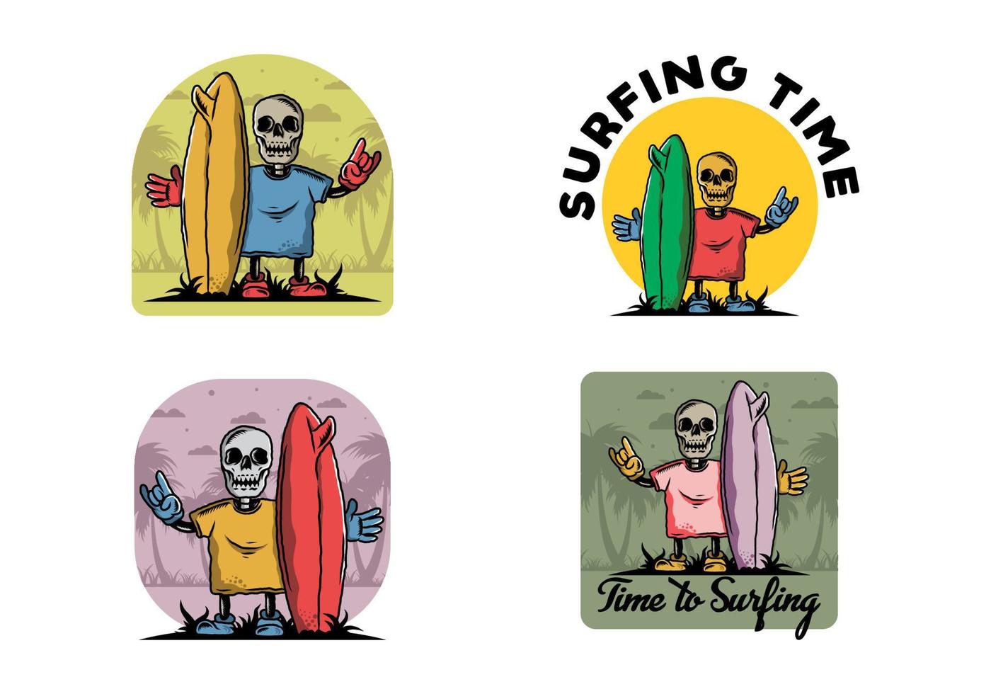 Little skull holding a surfing board illustration design vector