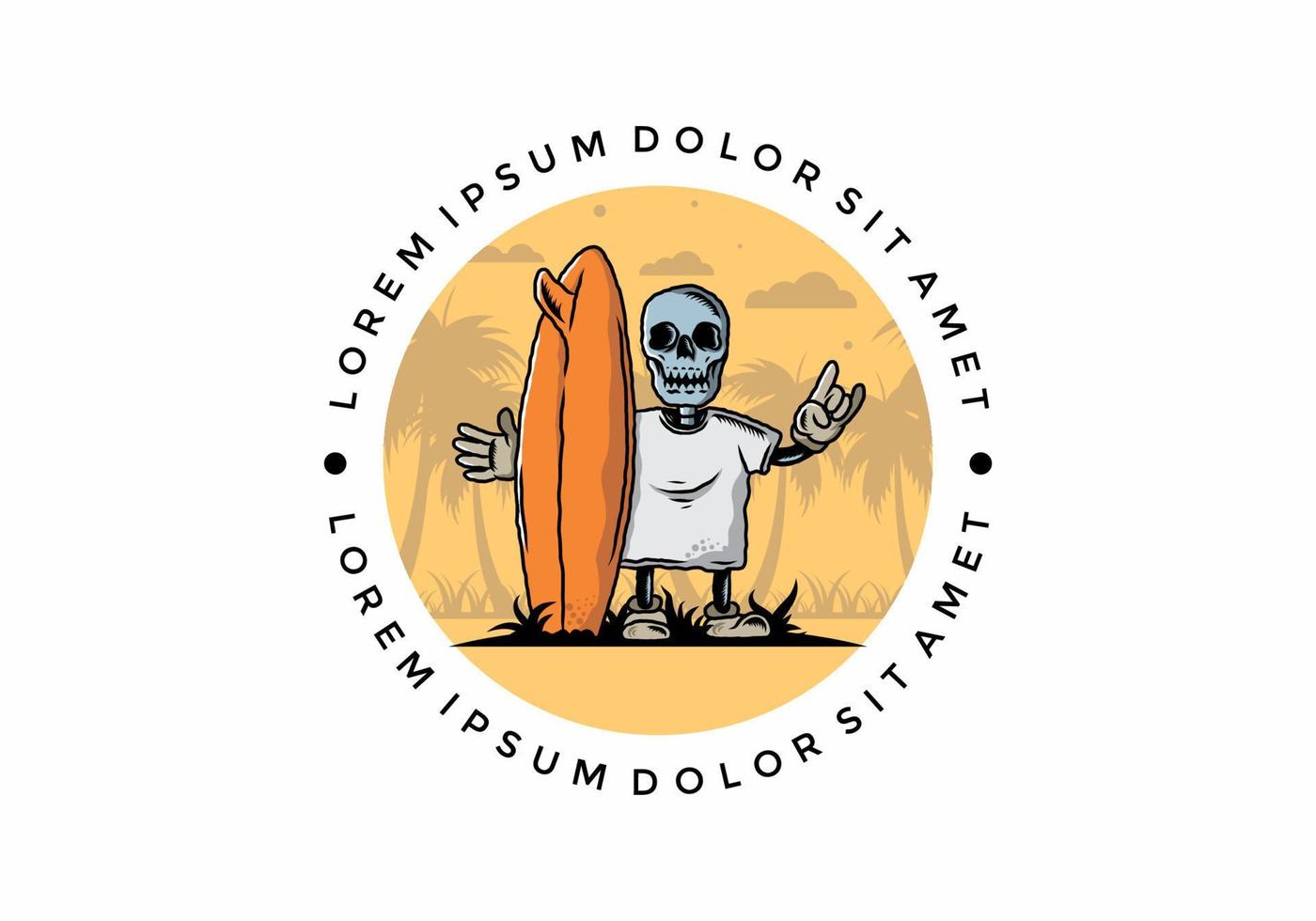 pequeña calavera sosteniendo un diseño de ilustración de tabla de surf vector