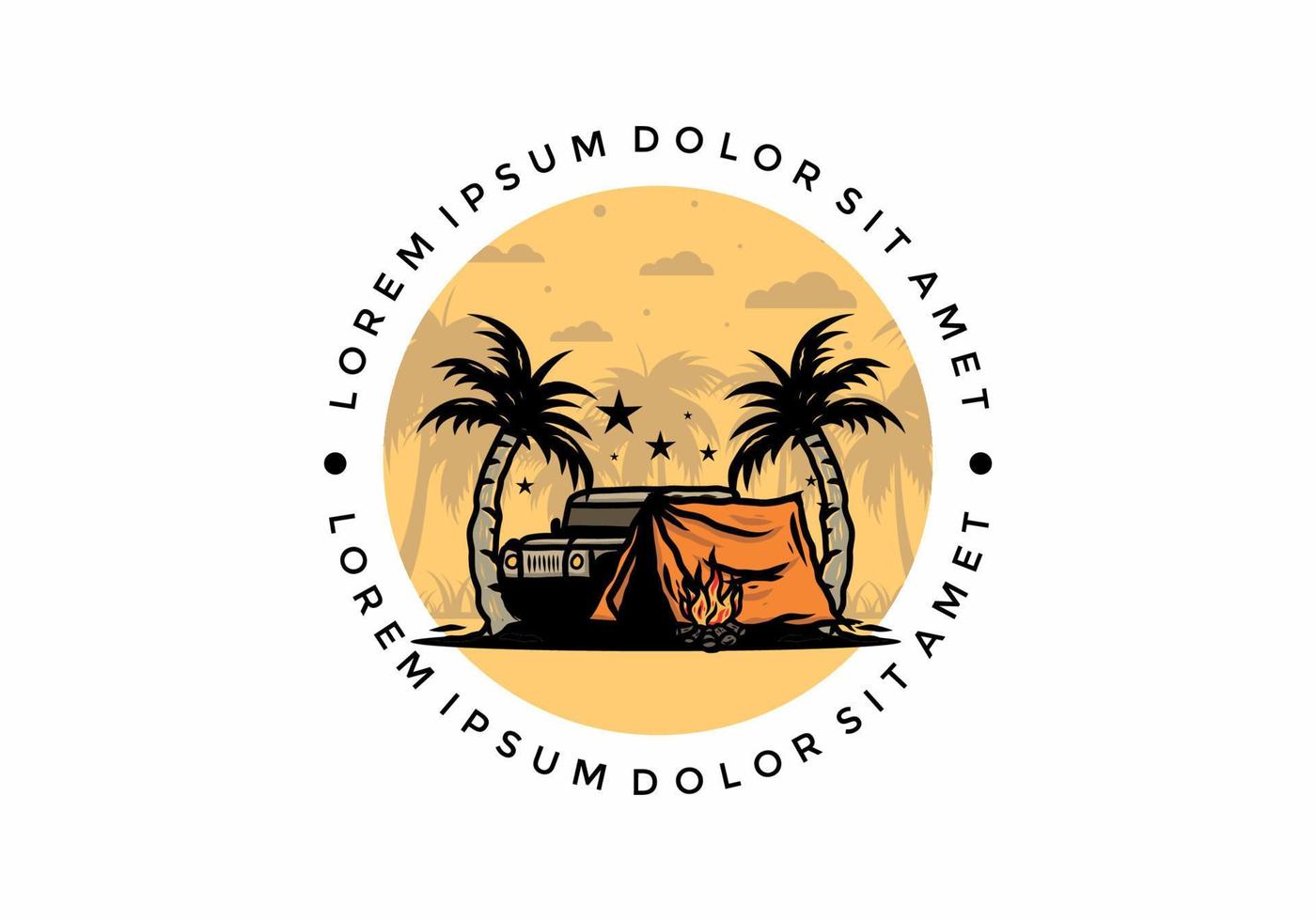 Camping tent in front of car between coconut tree illustration vector