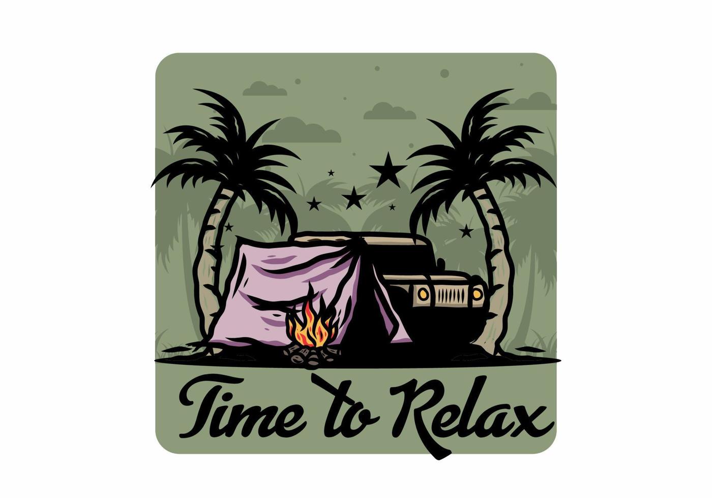 Camping tent in front of car between coconut tree illustration vector