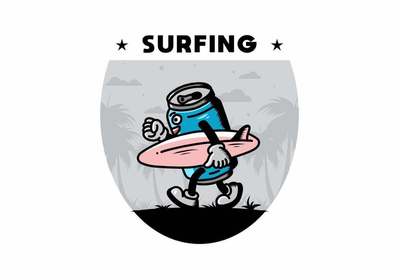 ilustración de una lata de bebida sosteniendo una tabla de surf vector