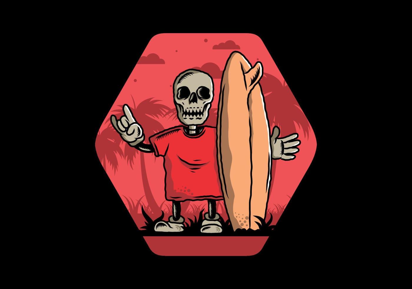 pequeña calavera sosteniendo un diseño de ilustración de tabla de surf vector