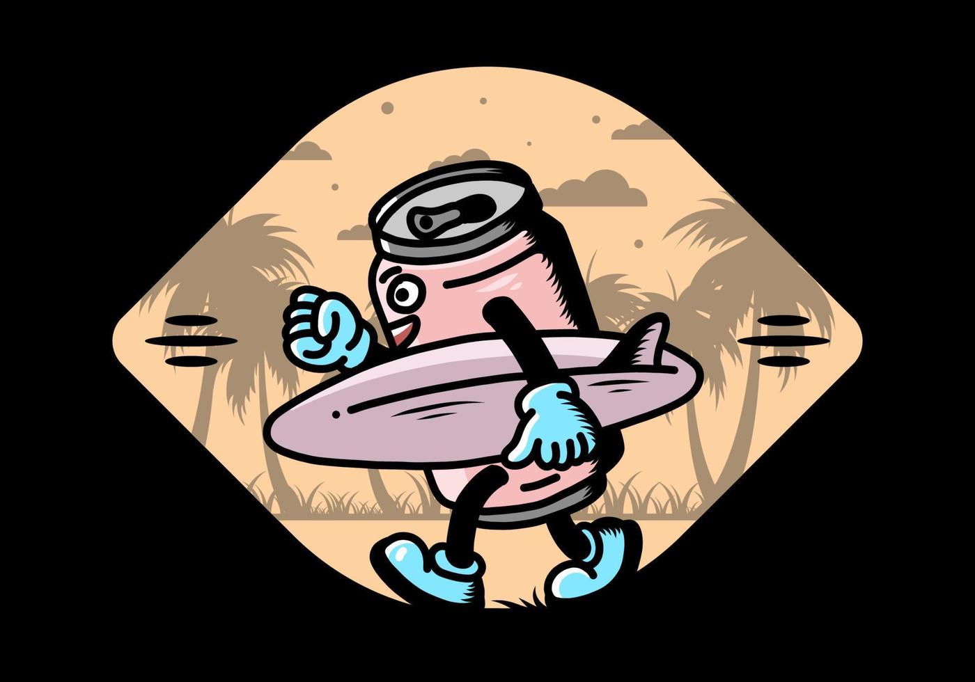 illustration of a drink can holding a surfboard vector