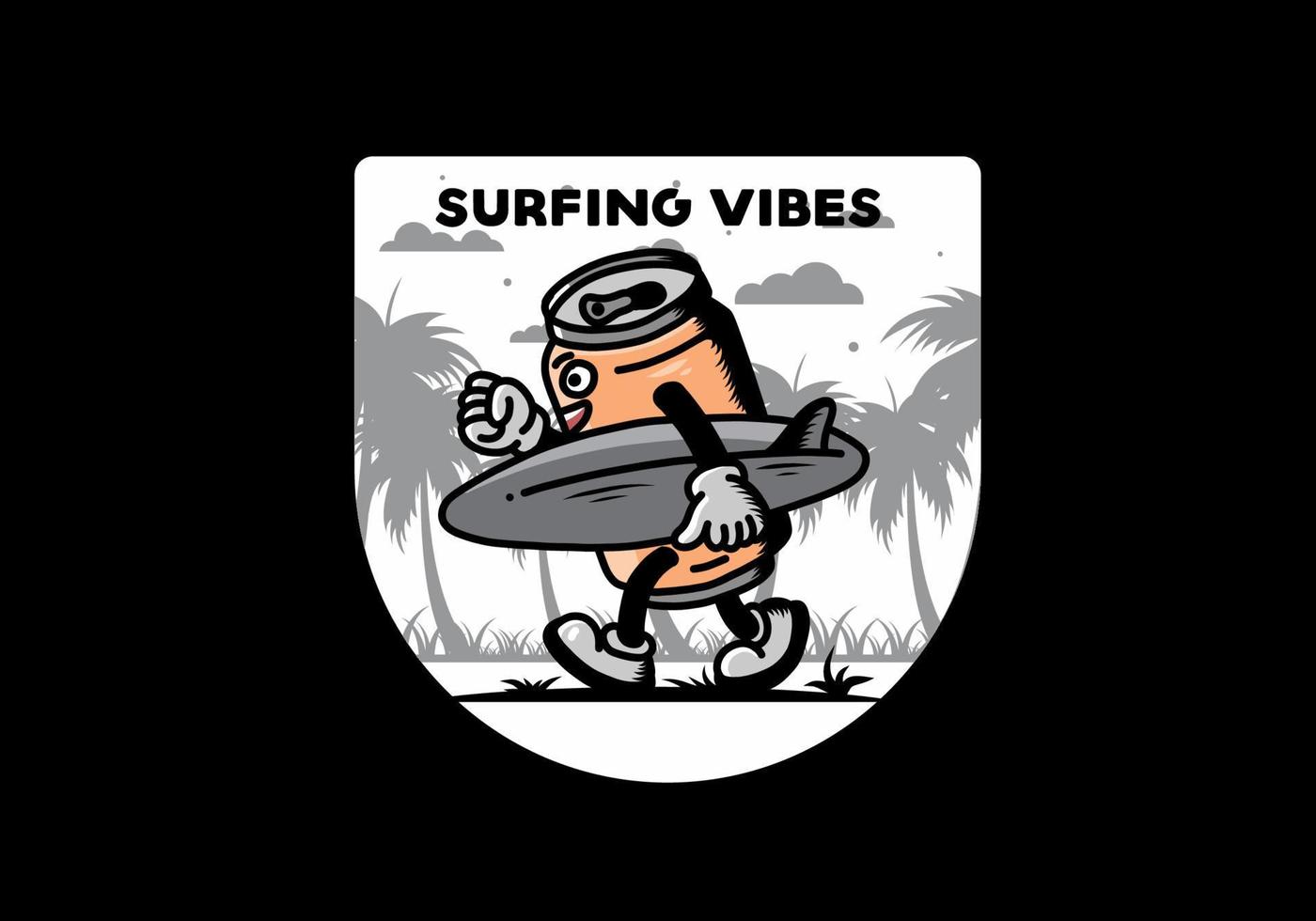 ilustración de una lata de bebida sosteniendo una tabla de surf vector