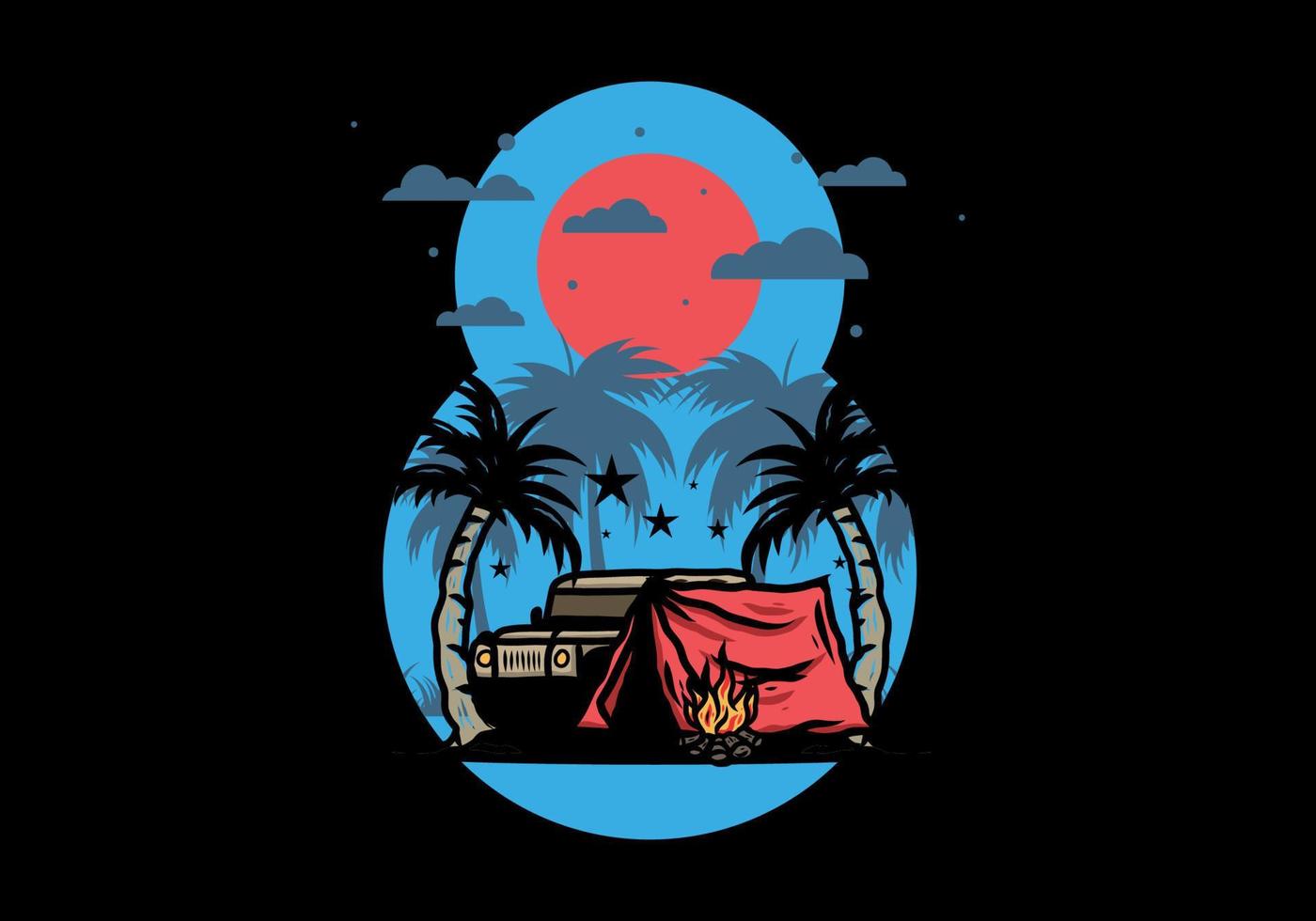 Camping tent in front of car between coconut tree illustration vector