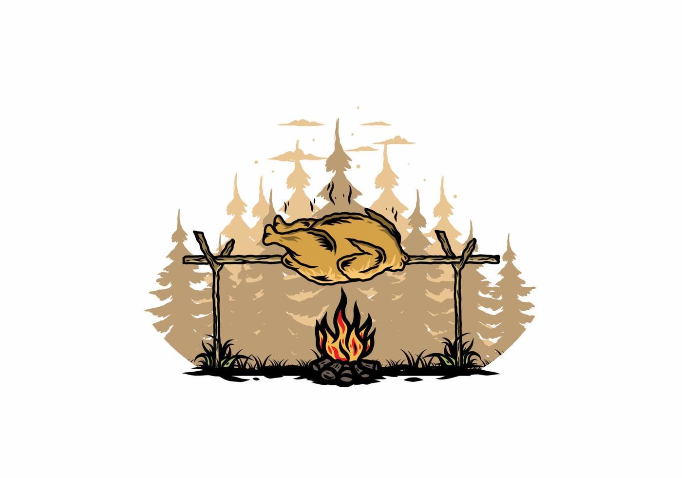 Grilling chicken over bonfire illustration design vector